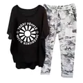 Fashionable two-piece leisure set with black printed t-shirt and grey camouflage pants - 3XL / Top And Bottom / Black TPWK Slogan Print