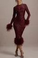 Elegant burgundy long sleeve sequin dress with stylish feather trim for evening gala parties - S / Dresses / Burgundy
