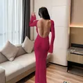 Sexy backless long sleeve beach cover-up maxi dress in vibrant rose red finish - S / Dresses / Burgundy