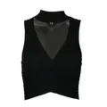 Sleeveless black ribbed knit crop top with choker neck and cross-front design - Black
