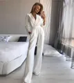 Elegante tuta bianca a maniche lunghe in stile neo-cinese con design incrociato per l'ufficio - Taglia S / Top E Pantaloni / Bianco