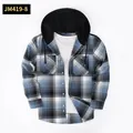 Men's blue plaid long sleeve hooded shirt with black drawstring hood - Sky Blue