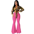 Two-piece sexy nightclub outfit with floral tie-front top and pink flare pants set - Pink
