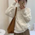 Minimalist retro white cable-knit round neck sweater with loose long-sleeve design - One Size / Tops / White