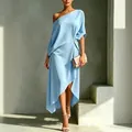 Elegant light blue one-shoulder asymmetrical midi dress for women minimalist style - S / Dresses / Sky Blue