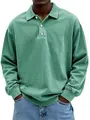 Men's loose fit long sleeve polo shirt in washed green fabric with button collar - Green