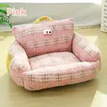 Rosa kariertes Katzensofa-Bett aus dickem Fleece mit Kulleraugen und Tragegriff - Größe M (60x45cm) / Rosa (Britisches Karo)