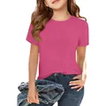Gedetailleerd overzicht van roze geribbelde T-shirt met ronde hals voor meisjes slim fit - Rozerood