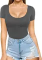 Detail view of women's slim-fit dark grey T-shirt with a low scoop neckline - Tops / S / Dark Heather Grey