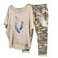Casual 2-piece women set with feather print beige T-shirt and camo drawstring pants - 3XL / Top And Bottom / Apricot Colorful Feather