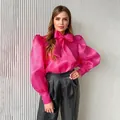 Elegante blusa de malla fucsia estilo francés con lazo y mangas abullonadas - S / Tops / Rosa