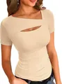Detailed view of women's beige ribbed T-shirt featuring asymmetrical cutout neckline - Off White