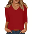 Women's classic red V-neck 3/4 sleeve T-shirt in a casual slim fit everyday style - Red