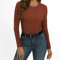 T-shirt à manches longues pour femmes en maille côtelée de couleur rouille - S / Hauts / Rouge Rouille