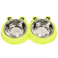 Stainless steel double pet feeder bowl with cute green frog cartoon plastic base - Frog Shape / Stainless Steel Double Bowl / Green