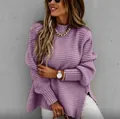 Oversized loose purple long-sleeve cable knit sweater for women, autumn winter style - S / Tops / Purple