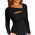 T-shirt nera slim fit a maniche lunghe da donna con scollo a goccia irregolare - Taglia S / Top / Nero