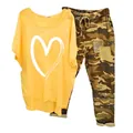 Casual two-piece set for women featuring a yellow heart t-shirt and camouflage pants - 3XL / Top And Bottom / Yellow Heart Print