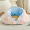 Cozy semi-enclosed pink gingham pet bed with removable cooling mat and blue plush lining - XL / All-Season Style (With Cooling Mat) / Pink Plaid