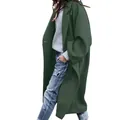 Detail side view of a long dark green woolen coat for women with a relaxed casual fit. - Dark Green