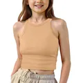 Detail view of girls' beige ribbed crop tank top showing high-quality knit texture - Earthy Yellow