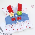 Denim pet harness dress with red heart ruffles and knit flower accents - XS (Bust 30cm) / Dresses / Blue Denim Heart (With Leash)