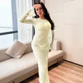 Elegant light yellow long sleeve sheer knit beach cover-up maxi dress for women - S / Dresses / Light Yellow