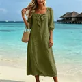 Elegant olive green cotton linen midi dress featuring a square neck and bow detail - S / Dresses / Army Green