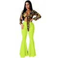 Two-piece set with baroque print tie-front crop top and neon green bell-bottom pants - S / Top And Bottom / Yellow