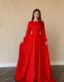 Elegant long-sleeved red French palace style chiffon gown with pleated bodice detail - S / Red