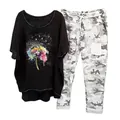 Women's casual 2-piece set featuring a dandelion print tee and camouflage joggers. - 3XL / Top And Bottom / Black Watercolor Dandelion