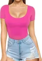 Fuchsia slim fit women's low scoop neck short sleeve T-shirt top shown on model - Hot Pink