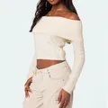 Elegant solid cream off-the-shoulder long sleeve knitted sweater top for women's wear. - S / Tops / White