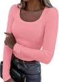 Women's slim fit pink ribbed long sleeve square neck T-shirt with comfortable stretch - S / Tops / Light Pink