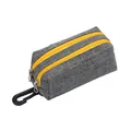 Durable grey fabric pet poop bag dispenser with double yellow zippers and plastic clip - Grey and Yellow