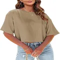 Κομψό γυναικείο χαλαρό χακί crop top μπλουζάκι με στρογγυλή λαιμόκοψη και κοντά μανίκια - Χακί
