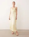 Elegant pale yellow cowl neck satin slip dress with a silky glossy luxury finish - S / Dresses / Champagne