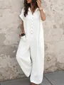 Relaxed fit white short sleeve button-up jumpsuit with wide leg silhouette for women - XS / Set / White