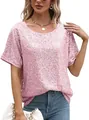 Funkelndes rosa Pailletten-Kurzarm-Top für Damen mit lockerer und entspannter Passform - S / Oberteile / Rosa