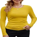 Slim fit mustard yellow ribbed long sleeve crew neck T-shirt for women in casual style - 2XL / Tops / Mustard Yellow