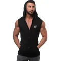 Black sleeveless fitness hoodie for men with front zipper and athletic fit - M / Tops / Black