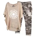 Women's 2-piece casual set with printed t-shirt and camouflage pants - 3XL / Top And Bottom / Apricot TPWK Slogan Print
