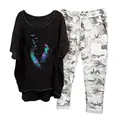 Women's chic casual two-piece set featuring a feather print t-shirt and camouflage joggers. - 3XL / Top And Bottom / Black Colorful Feather