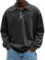Detailed view of washed dark grey men's long-sleeve polo shirt with buttoned lapel - S / Top (NZ6901) / Black