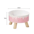 Elevated pink cat bowl with cute cartoon cat prints and wooden legs, 14cm wide - Individual Color Box Packaging / Pink Ice Cream Elevated Bowl