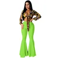 Sexy long sleeve Baroque print crop top and lime green flared pants two-piece set outfit - Fluorescent Green