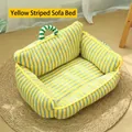 Cozy yellow and blue striped plush cat sofa bed with handle for small pets - Yellow Stripe (Domino Stripe)