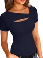 Detailed shot of a navy blue ribbed slim-fit T-shirt featuring a unique cutout - Dark Blue