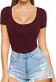 Detailed view of women's sexy low scoop neck slim fit short sleeve top in burgundy. - Burgundy