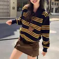 Korean style navy and yellow striped knit sweater with polo collar for women in autumn - One Size / Tops / Navy Blue